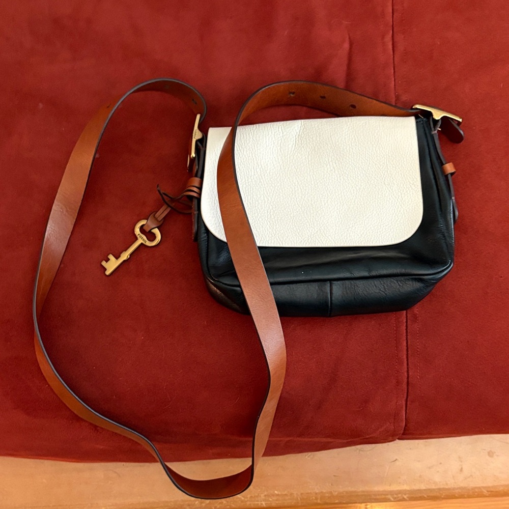 Fossil Black and White Leather Crossbody with Brown Strap